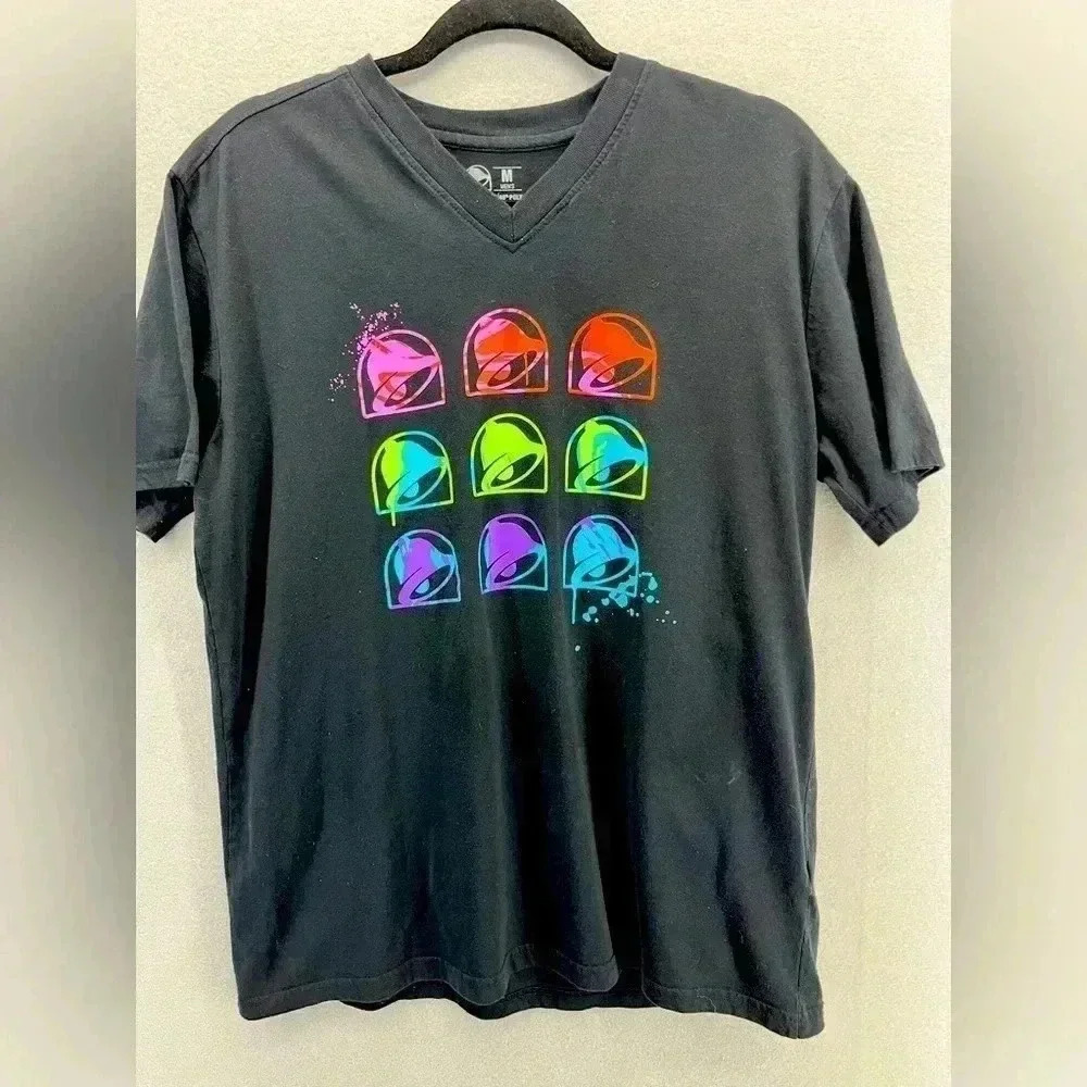 Taco Bell uniform shirt tee T- shirt w colorful bells v- neck short sleeve black